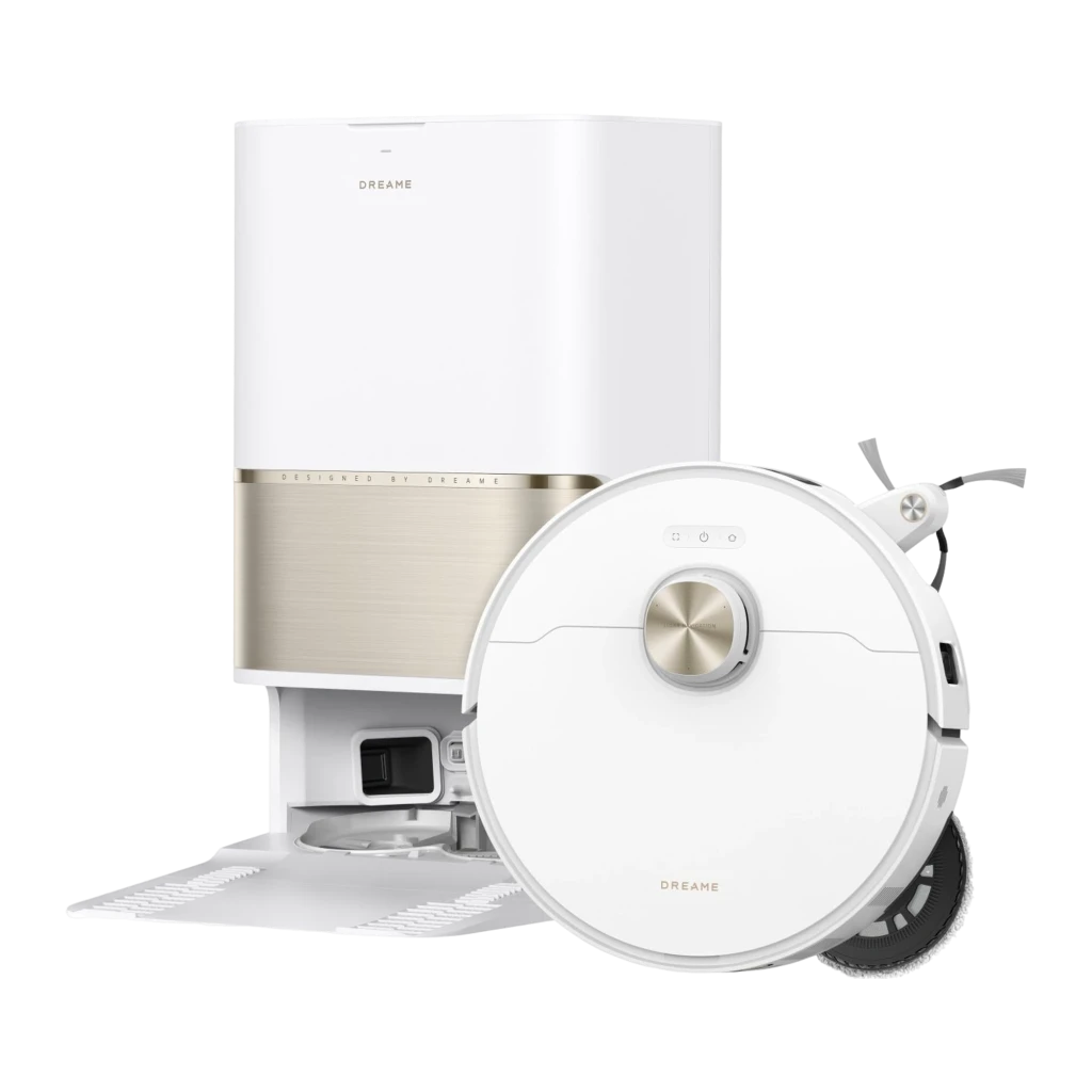 Dreame Robot L50s Pro Ultra Branco, vista frontal 3/4: robô acoplado na base de esvaziamento branca com faixa dourada - Item2