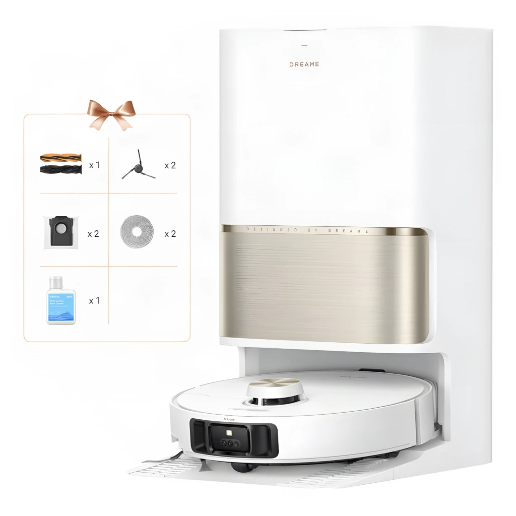 Dreame Robot L50s Pro Ultra Branco, vista frontal 3/4: robô acoplado na base de esvaziamento branca com faixa dourada - Item5