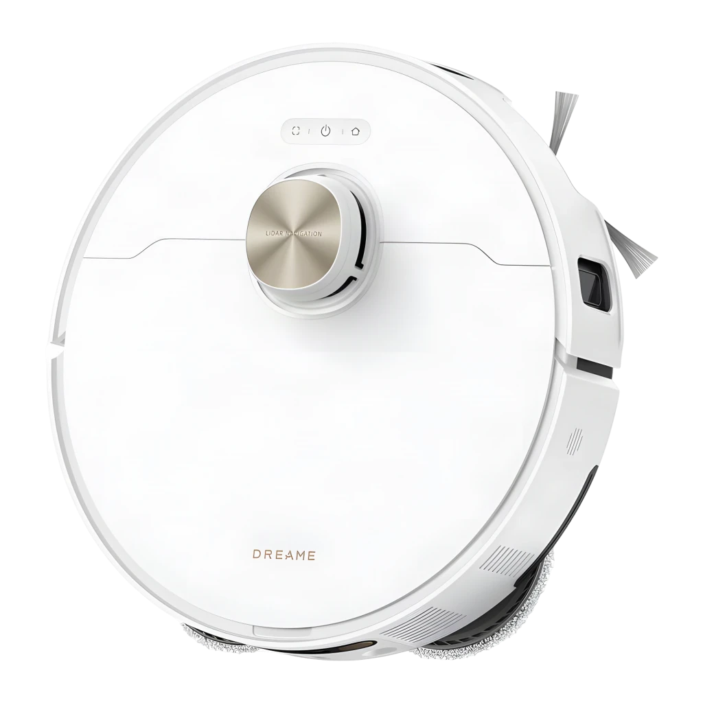 Dreame Robot L50s Pro Ultra Branco, vista frontal 3/4: robô acoplado na base de esvaziamento branca com faixa dourada - Item4