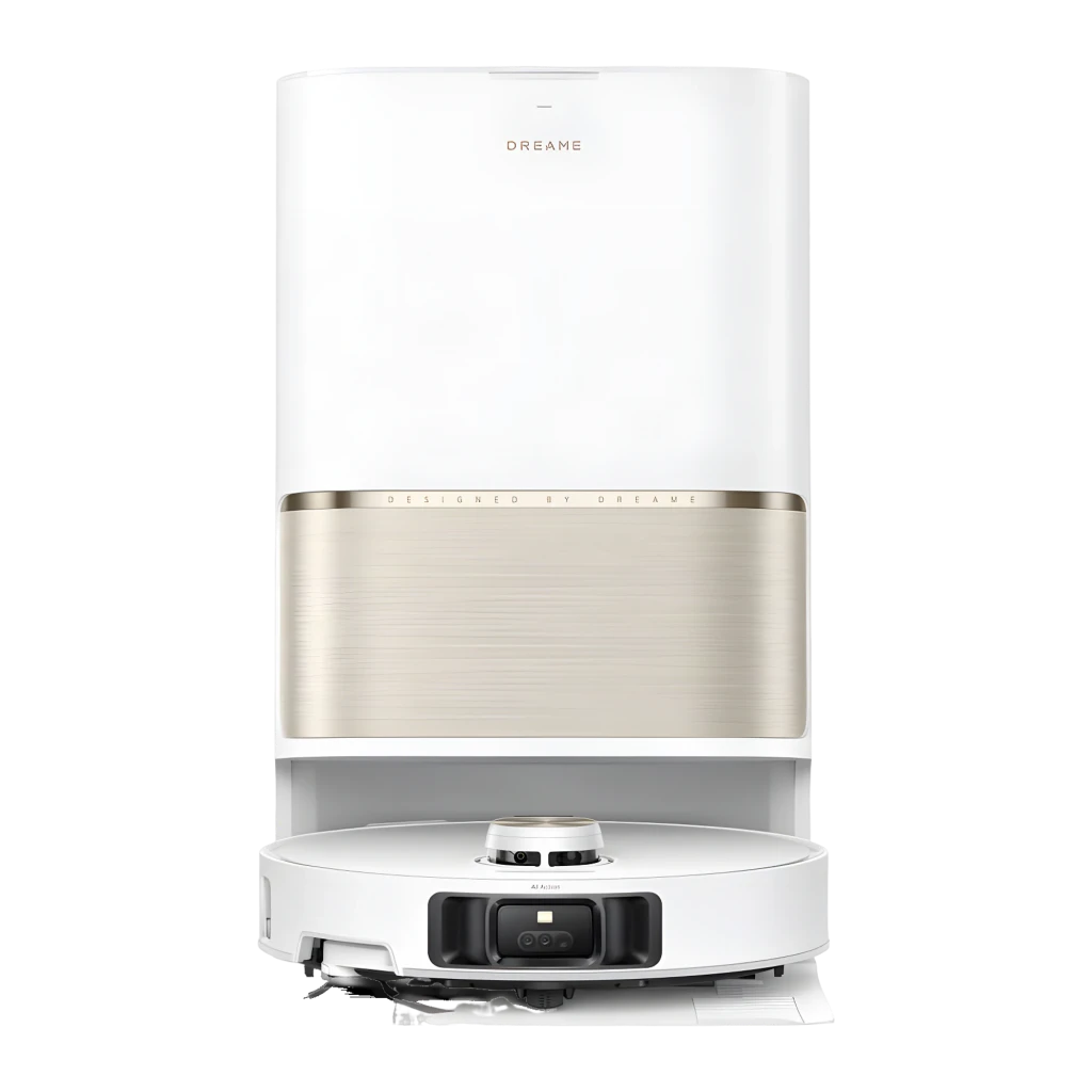 Dreame Robot L50s Pro Ultra Branco, vista frontal 3/4: robô acoplado na base de esvaziamento branca com faixa dourada - Item1
