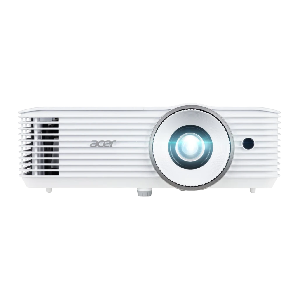 Acer Projecteur H6531BDi 1080p 3500lm Blanc, vue en perspective: objectif allumé, grilles latérales et logo Acer visibles - Ítem1
