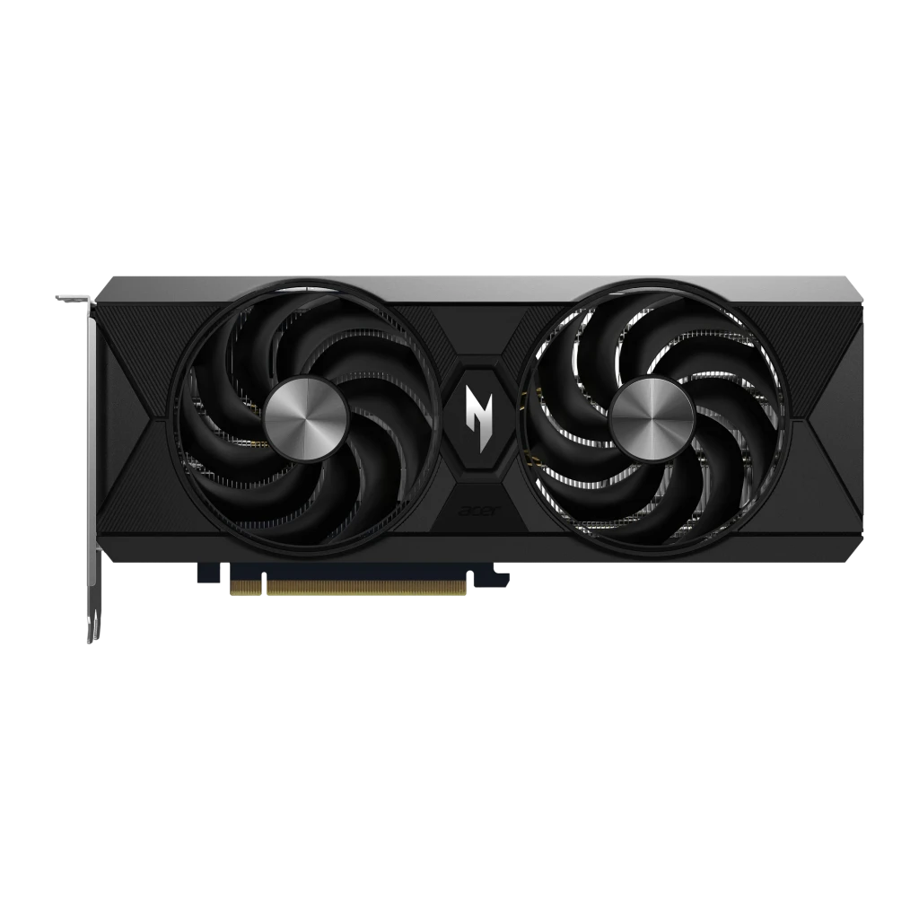 Acer Nitro Intel Arc B580 OC 12GB, vista con caja: tarjeta gráfica negra con dos ventiladores y packaging Nitro - Ítem3