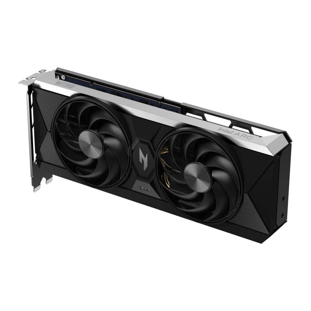 Acer Nitro Intel Arc B580 OC 12GB, vista con caja: tarjeta gráfica negra con dos ventiladores y packaging Nitro - Ítem1