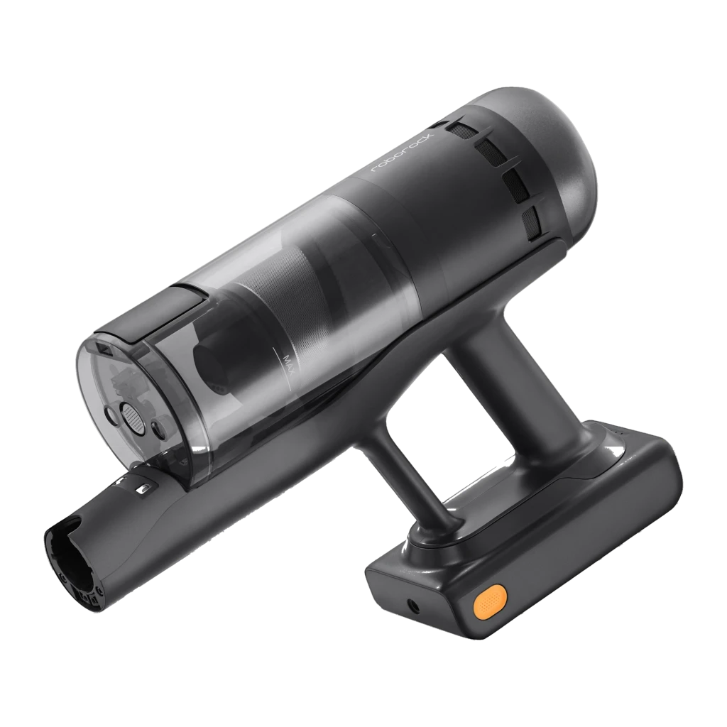 Roborock H60 Hub Ultra preto, vista lateral: aspirador vertical completo com depósito transparente e escova laranja - Item1