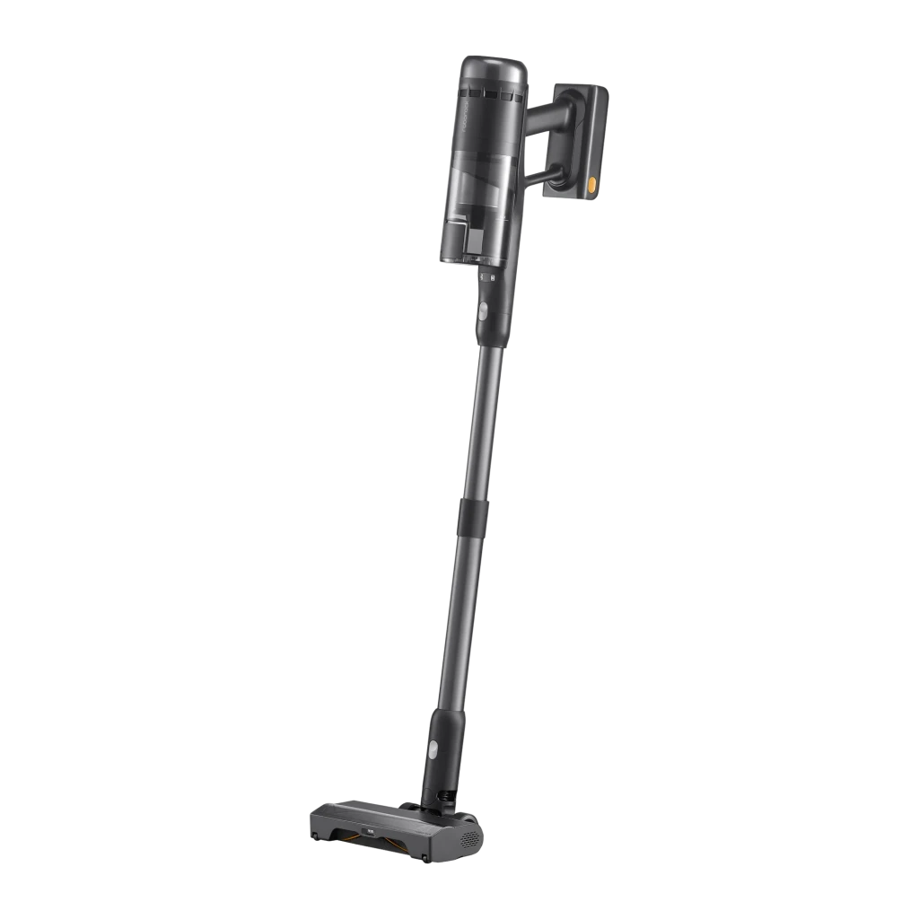 Roborock H60 Hub Ultra preto, vista lateral: aspirador vertical completo com depósito transparente e escova laranja - Item2