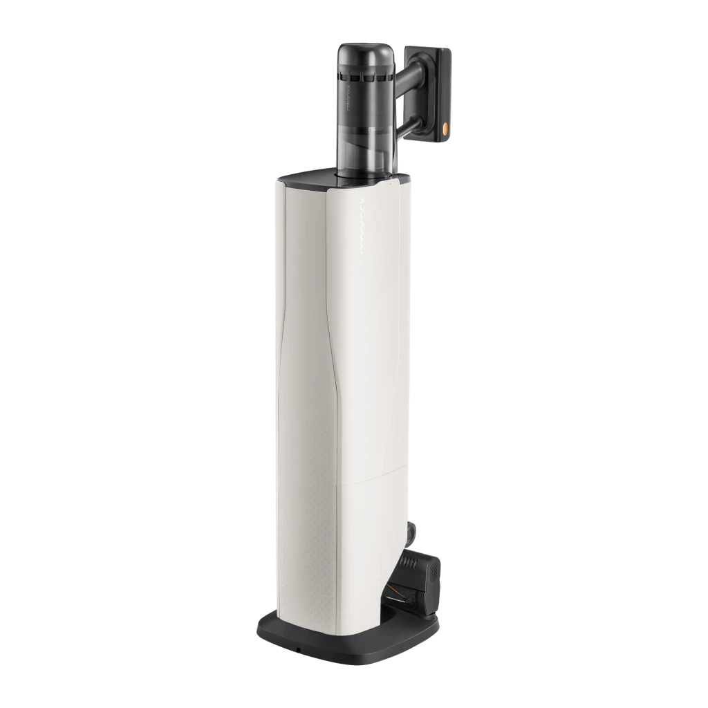 Roborock H60 Hub Ultra preto, vista lateral: aspirador vertical completo com depósito transparente e escova laranja - Item4