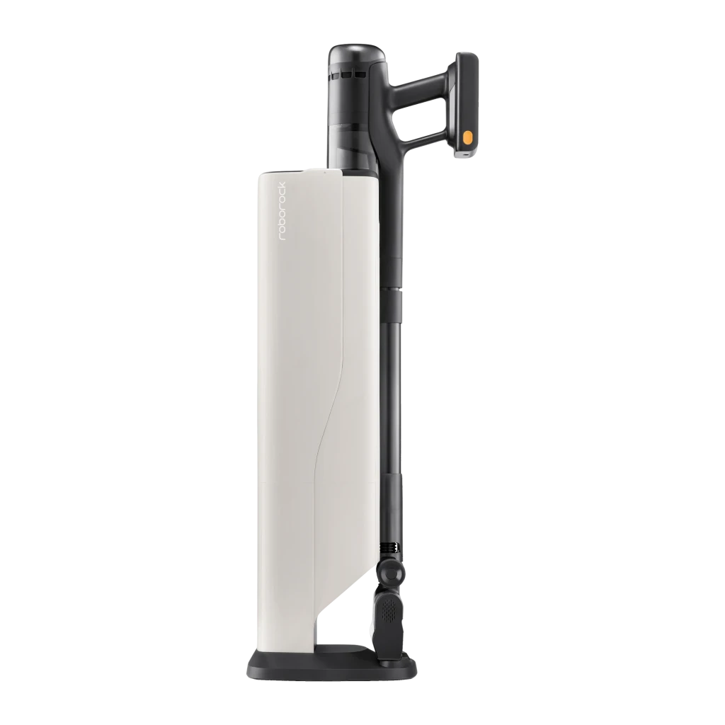 Roborock H60 Hub Ultra preto, vista lateral: aspirador vertical completo com depósito transparente e escova laranja - Item5