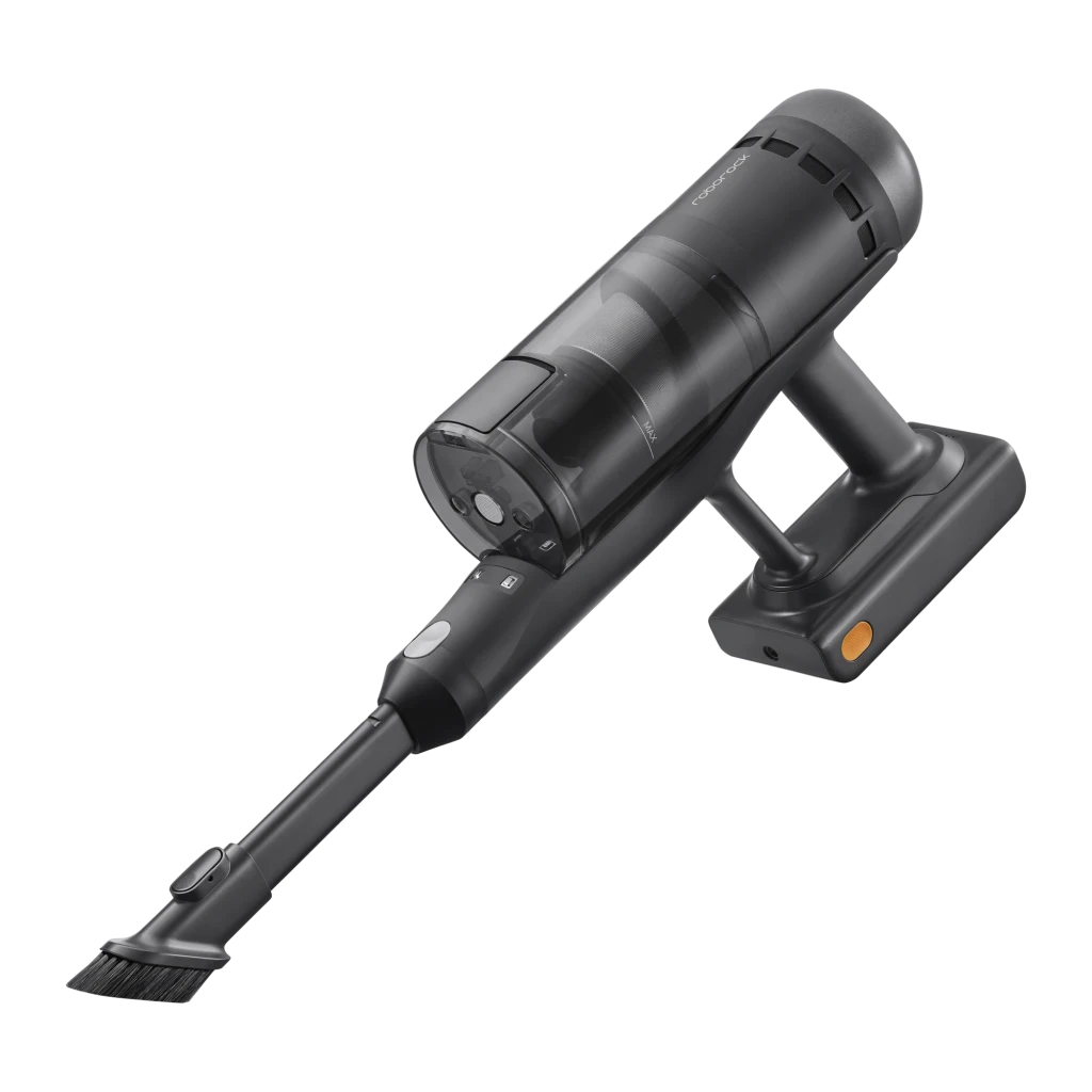 Roborock H60 Hub Ultra preto, vista lateral: aspirador vertical completo com depósito transparente e escova laranja - Item6