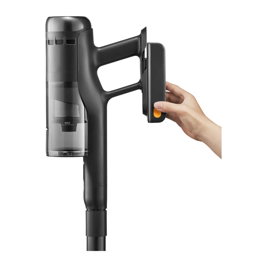 Roborock H60 Hub Ultra preto, vista lateral: aspirador vertical completo com depósito transparente e escova laranja - Item7