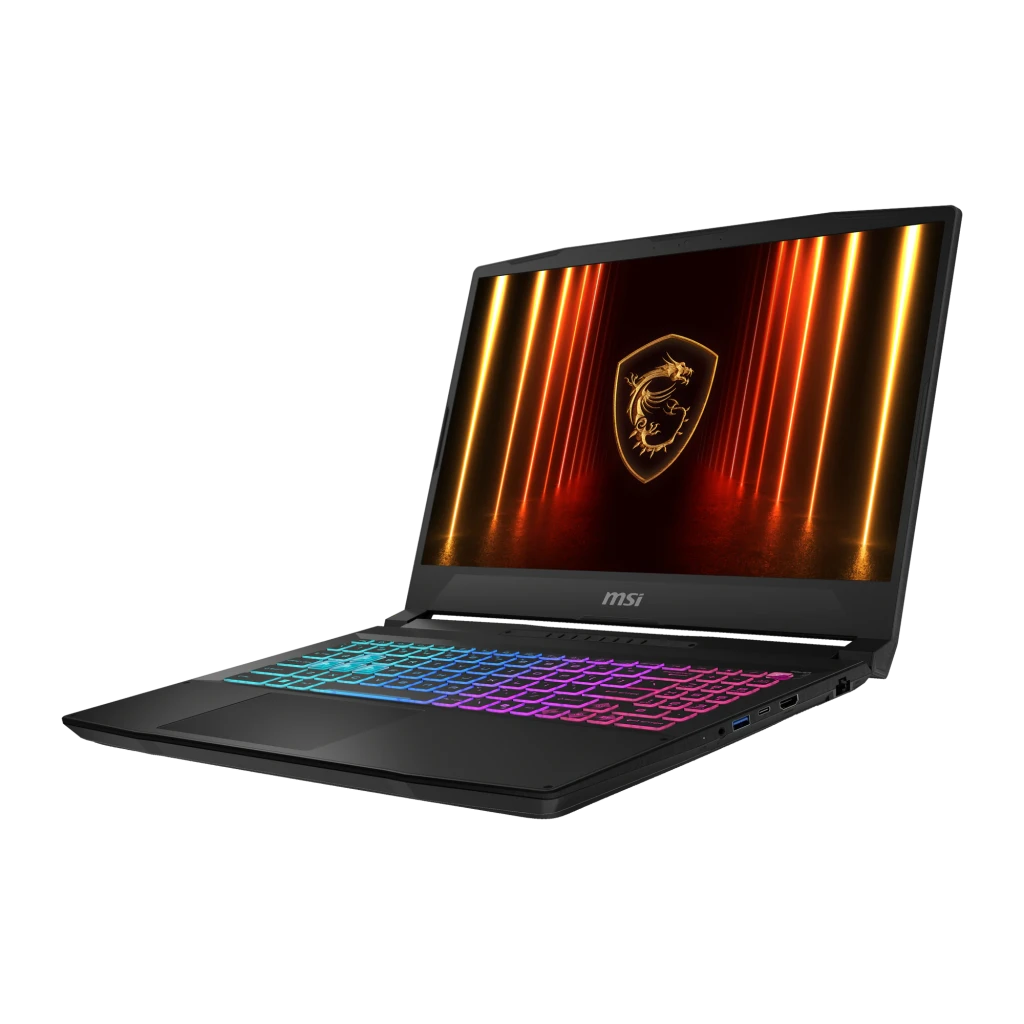 MSI Katana 15 1TB preto, vista frontal: ecrã com logótipo dragão dourado e teclado RGB multicolor iluminado - Item3