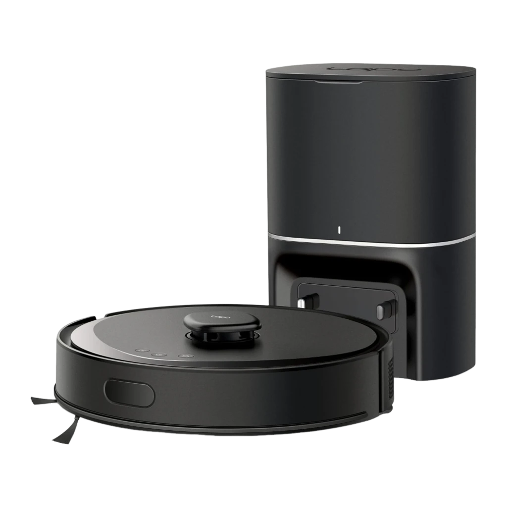 TP-Link Tapo RV30 Max Plus negro, vista en ángulo: robot aspirador con base de vaciado automático negro