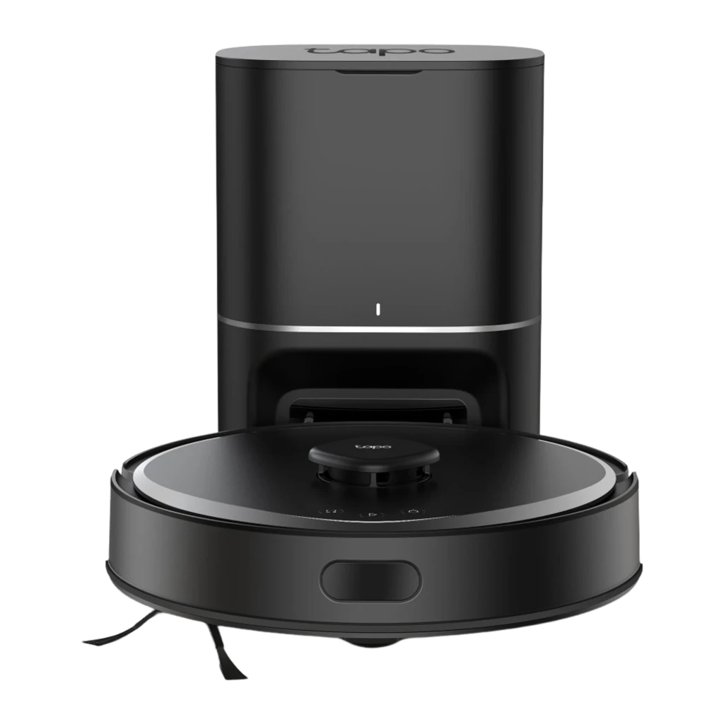 TP-Link Tapo RV30 Max Plus negro, vista frontal: robot acoplado en base de vaciado, sensor láser y botones visibles