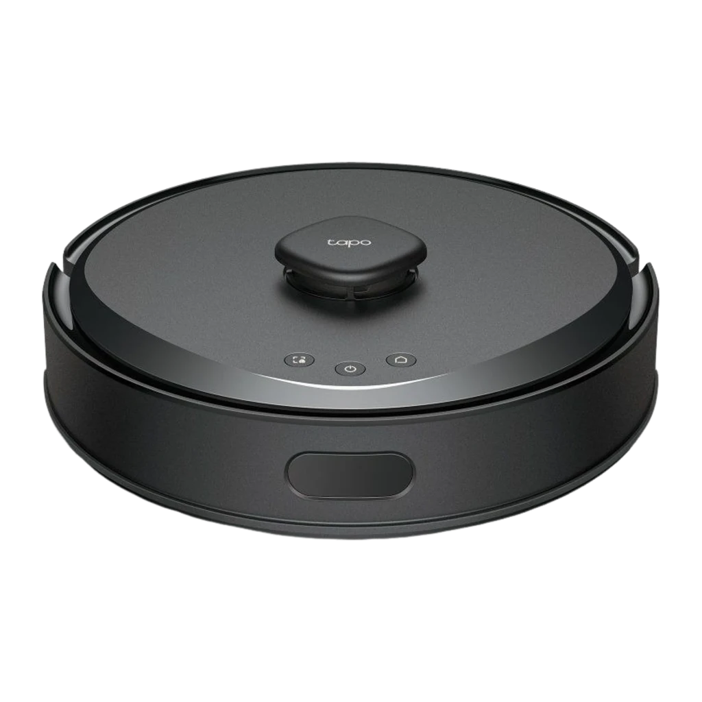 TP-Link Tapo RV30 Max Plus negro, vista superior en ángulo: robot solo, sensor láser central y tres botones frontales