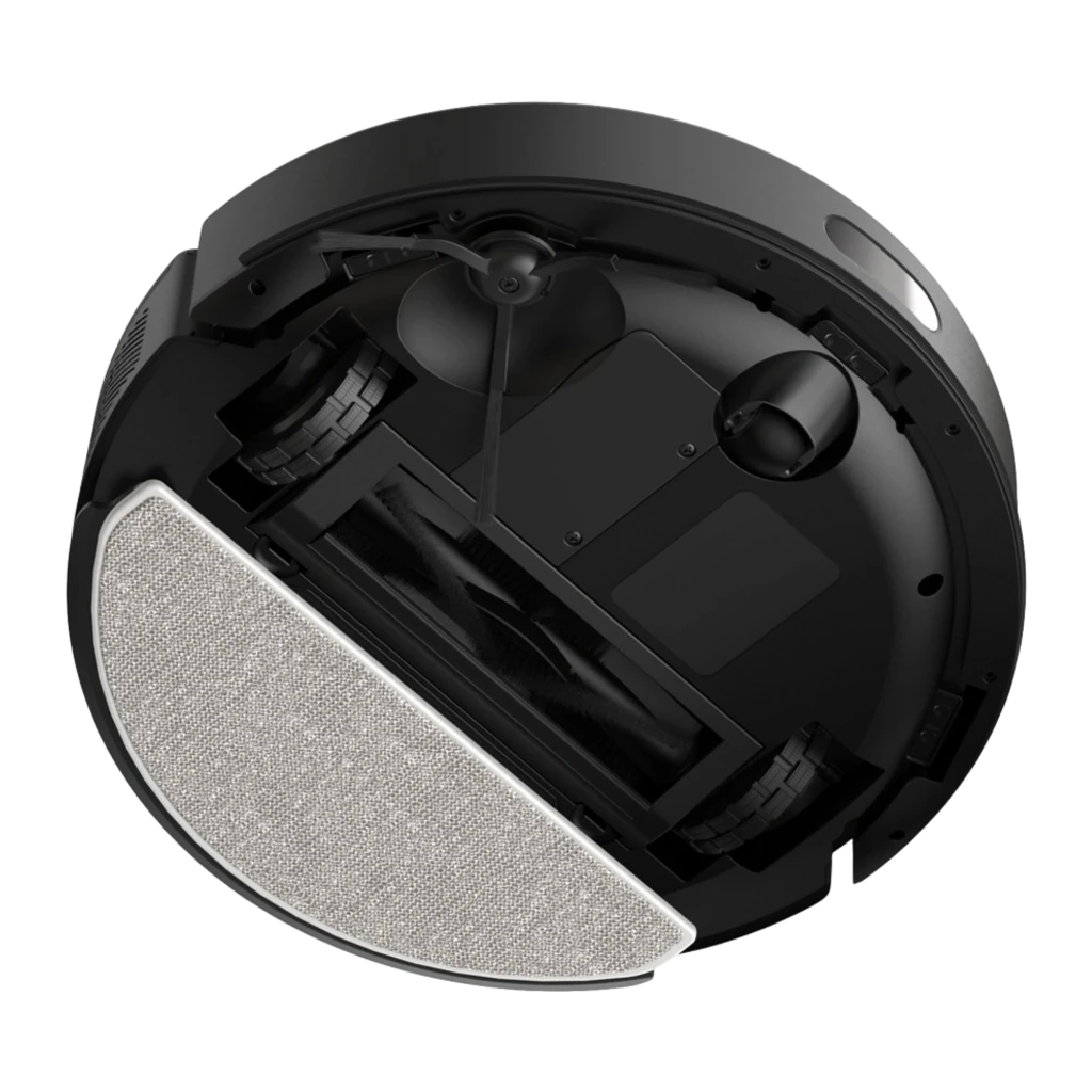 TP-Link Tapo RV30 Max Plus negro, vista inferior: mopa semicircular gris, cepillo principal, ruedas y sensores