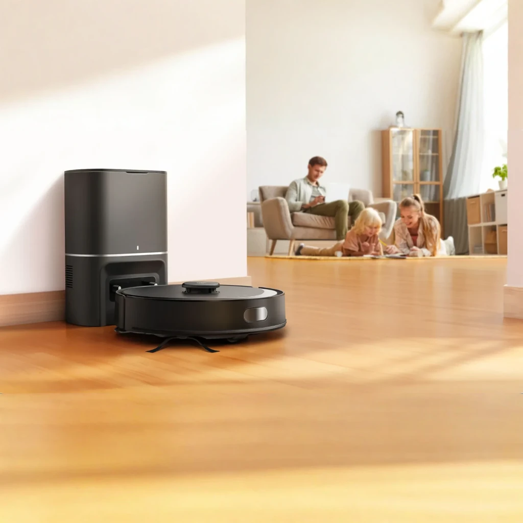 TP-Link Tapo RV30 Max Plus negro, en uso: robot aspirador con base de vaciado automático sobre suelo de madera en hogar