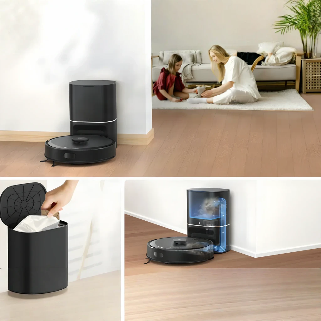 TP-Link Tapo RV30 Max Plus negro, collage: base autovaciado en salón, extracción bolsa y aspiración automática con luz azul