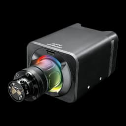 Simagic Alpha EVO Sport Direct Drive 9Nm preto, vista frontal-lateral: corpo compacto com eixo RGB multicolor e conector