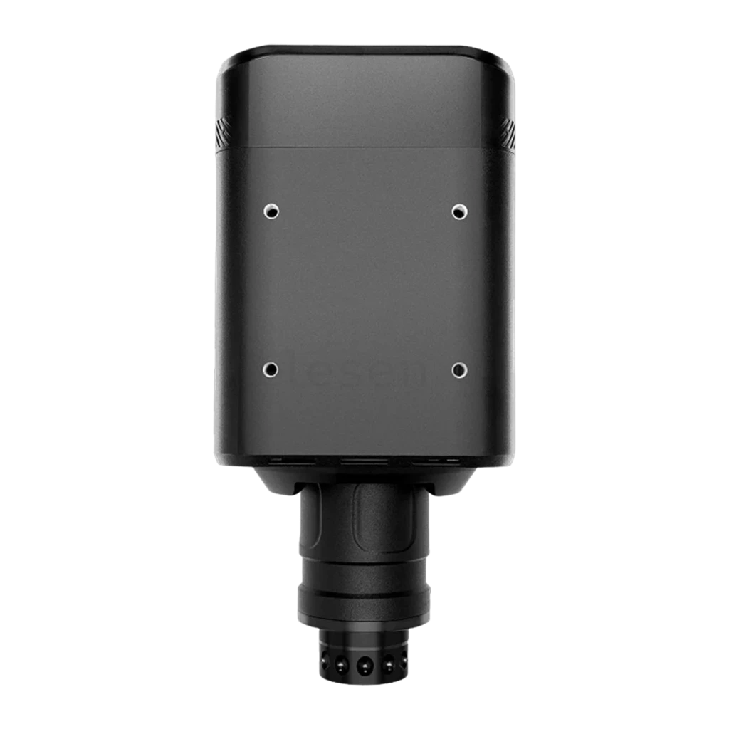 Simagic Alpha EVO Sport Direct Drive 9Nm preto, vista frontal-lateral: corpo compacto com eixo RGB multicolor e conector - Item1