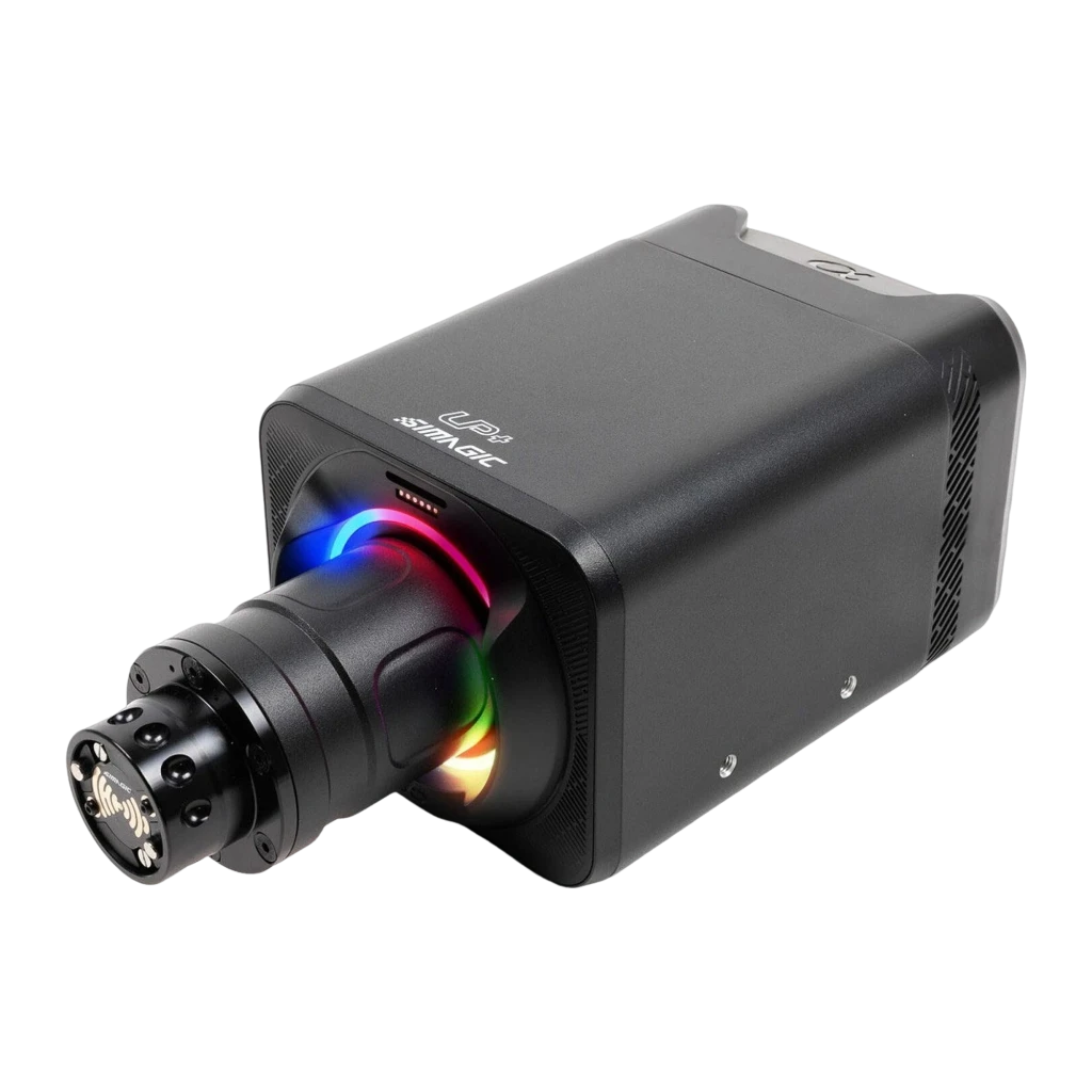 Simagic Alpha EVO Sport Direct Drive 9Nm preto, vista frontal-lateral: corpo compacto com eixo RGB multicolor e conector - Item2
