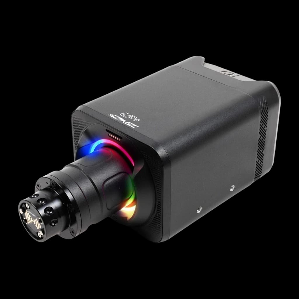 Simagic Alpha EVO Sport Direct Drive 9Nm preto, vista lateral-frontal: iluminação RGB acesa em azul e vermelho
