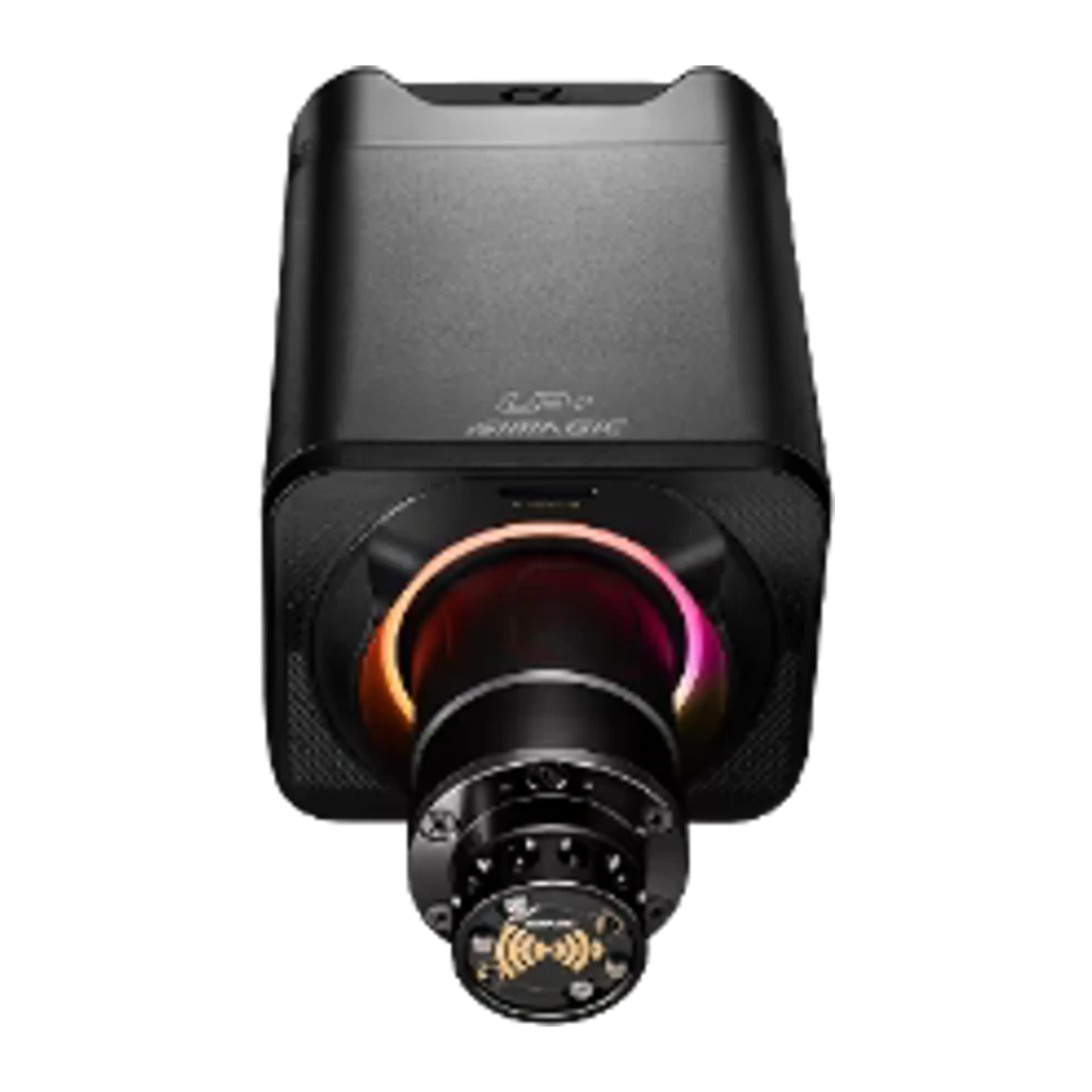 Simagic Alpha EVO Sport Direct Drive 9Nm preto, vista frontal-lateral: corpo compacto com eixo RGB multicolor e conector - Item3