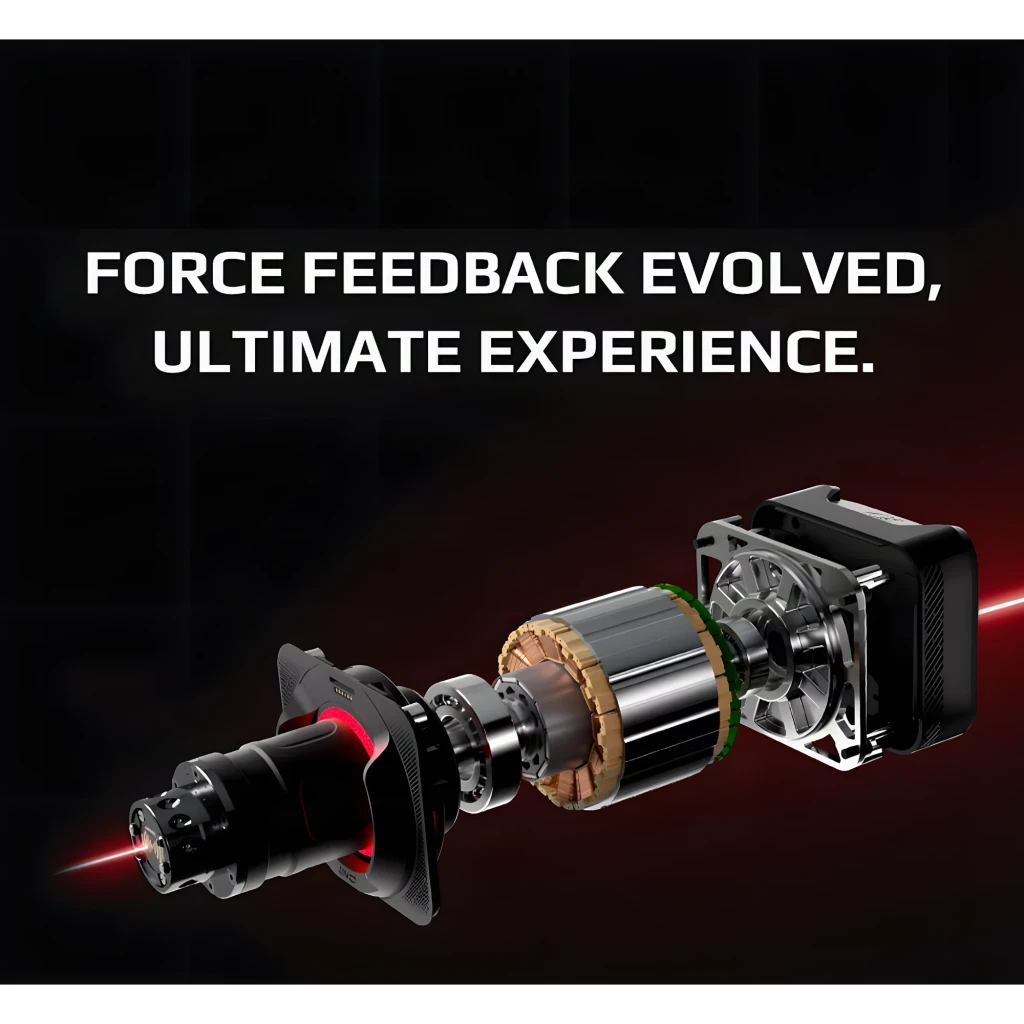 Simagic Alpha EVO Sport Direct Drive 9Nm preto, vista frontal-lateral: corpo compacto com eixo RGB multicolor e conector - Item5