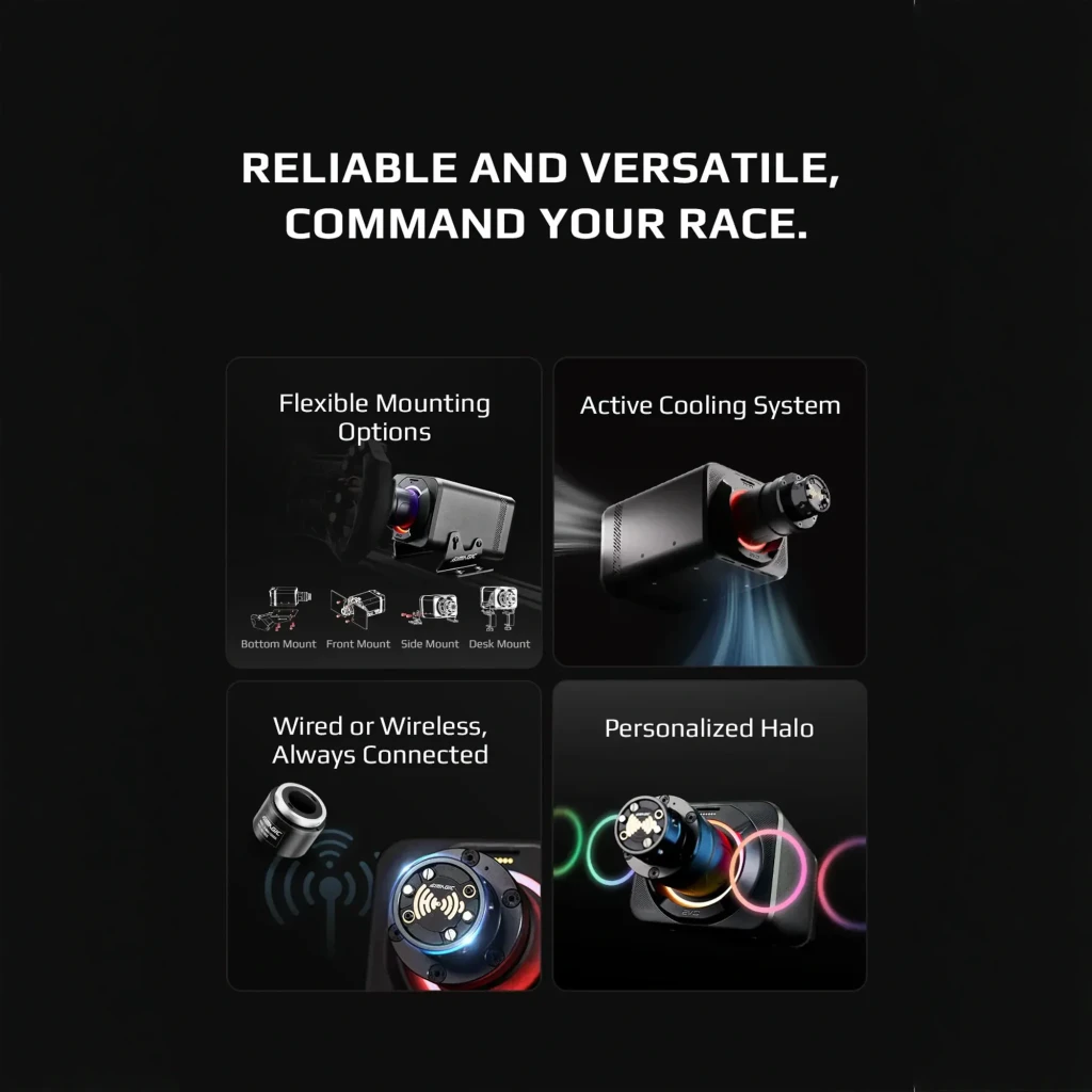 Simagic Alpha EVO Sport Direct Drive 9Nm preto, vista frontal-lateral: corpo compacto com eixo RGB multicolor e conector - Item6