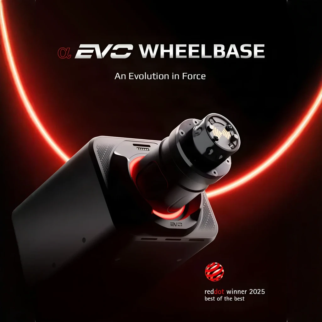 Simagic Alpha EVO Sport Direct Drive 9Nm preto, vista frontal-lateral: corpo compacto com eixo RGB multicolor e conector - Item4