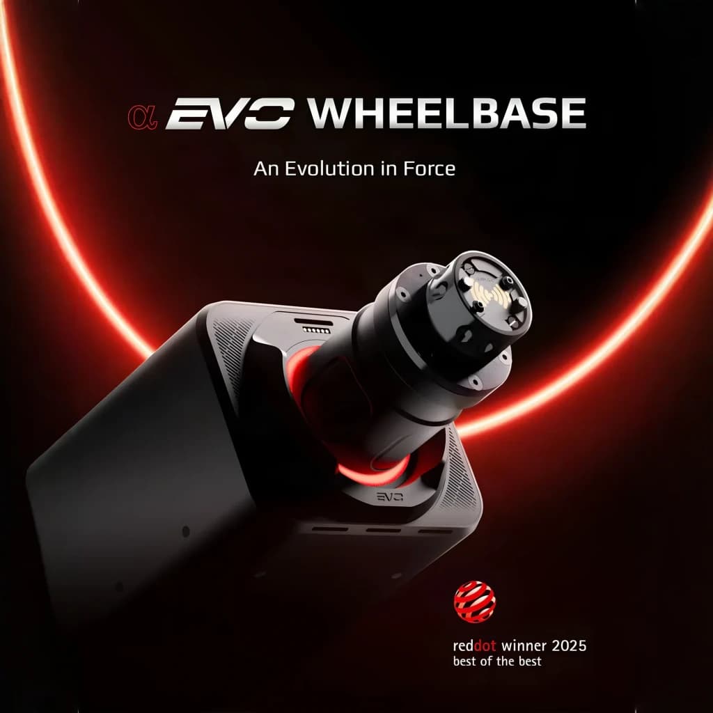 Simagic Alpha EVO Sport 9Nm, detalhe conector: eixo quick release com pinos dourados e anel LED vermelho
