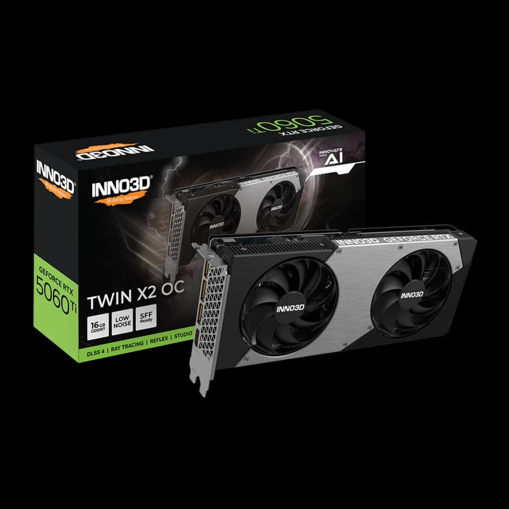 Inno3D GeForce RTX 5060 Ti 16GB TWIN X2 OC, vista frontal con caja: tarjeta gráfica y packaging negro con dos ventiladores