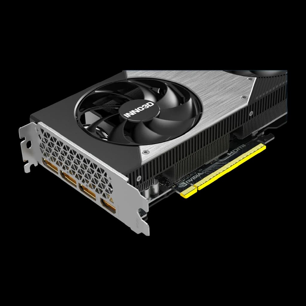 Inno3D GeForce RTX 5060 Ti 16GB TWIN X2 OC, vista lateral frontal: ventilador central, disipador estriado plateado y bracket