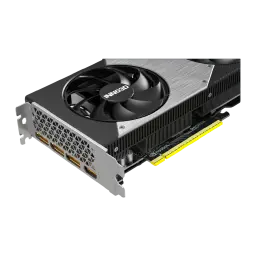 Inno3D GeForce RTX 5060 Ti 16GB TWIN X2 OC, vista lateral frontal: ventilador central, disipador estriado plateado y bracket