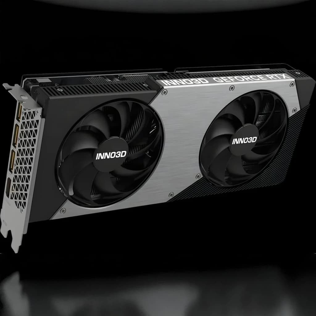 Inno3D GeForce RTX 5060 Ti 16GB TWIN X2 OC, vista frontal en ángulo: dos ventiladores negros, cubierta plateada y bracket