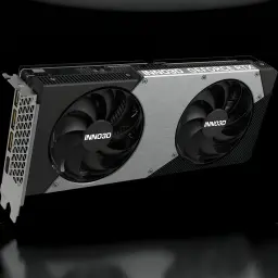 Inno3D GeForce RTX 5060 Ti 16GB TWIN X2 OC, vista frontal en ángulo: dos ventiladores negros, cubierta plateada y bracket