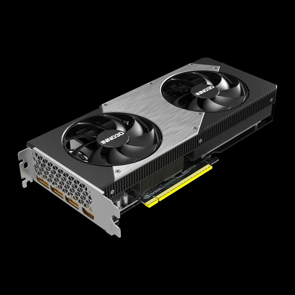 Inno3D GeForce RTX 5060 Ti 16GB TWIN X2 OC, vista frontal en ángulo: dos ventiladores con logo, disipador plateado y puertos