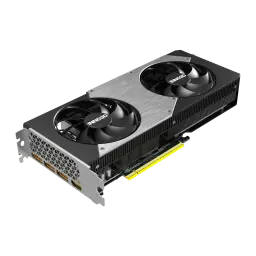 Inno3D GeForce RTX 5060 Ti 16GB TWIN X2 OC, vista frontal en ángulo: dos ventiladores con logo, disipador plateado y puertos