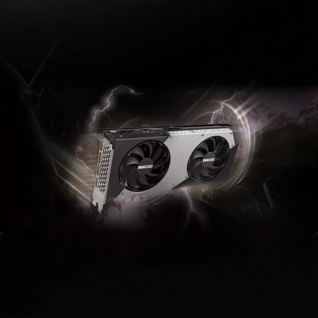 Inno3D GeForce RTX 5060 Ti 16GB TWIN X2 OC, vista angular: dos ventiladores negros, carcasa plateada y bracket lateral