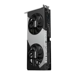 Inno3D GeForce RTX 5060 Ti 16GB TWIN X2 OC, vista frontal en ángulo: dos ventiladores, shroud plateado con logo y bracket