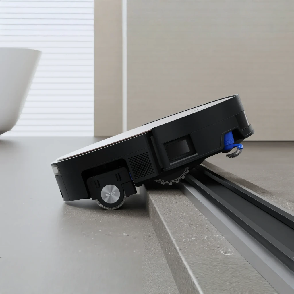 Ecovacs Deebot X11 Omnicyclone preto, vista frontal na base: robô na estação com depósito interior e acento azul visíveis - Item6