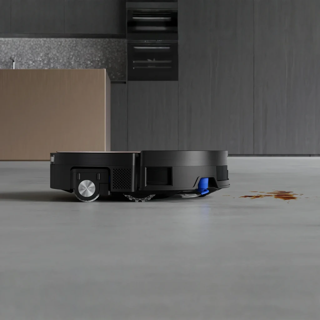 Ecovacs Deebot X11 Omnicyclone preto, vista frontal na base: robô na estação com depósito interior e acento azul visíveis - Item5