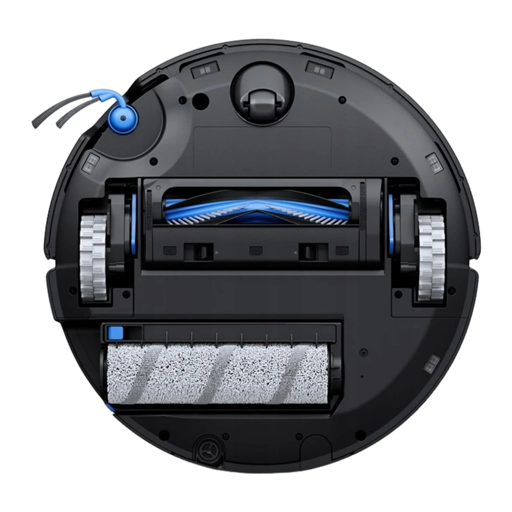 Ecovacs Deebot X11 Omnicyclone preto, vista frontal na base: robô na estação com depósito interior e acento azul visíveis - Item1
