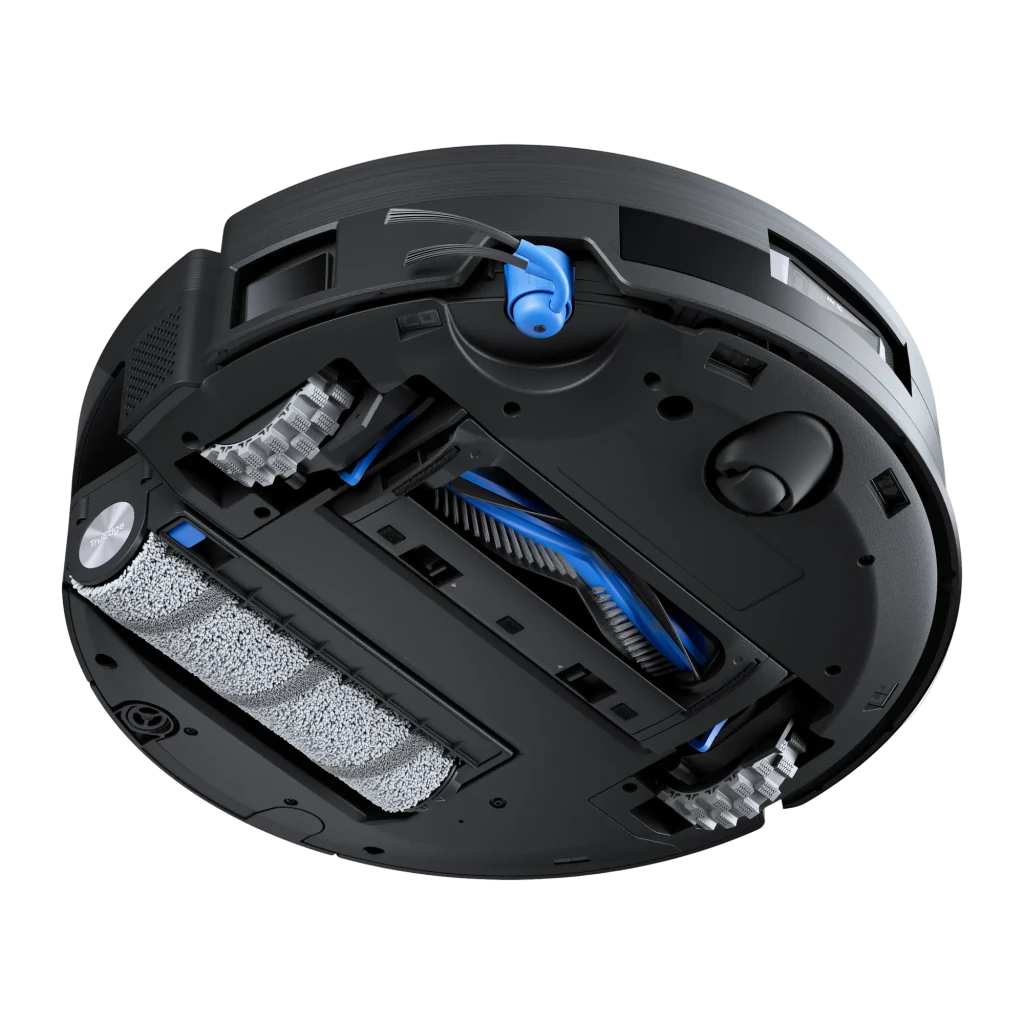 Ecovacs Deebot X11 Omnicyclone preto, vista frontal na base: robô na estação com depósito interior e acento azul visíveis - Item2
