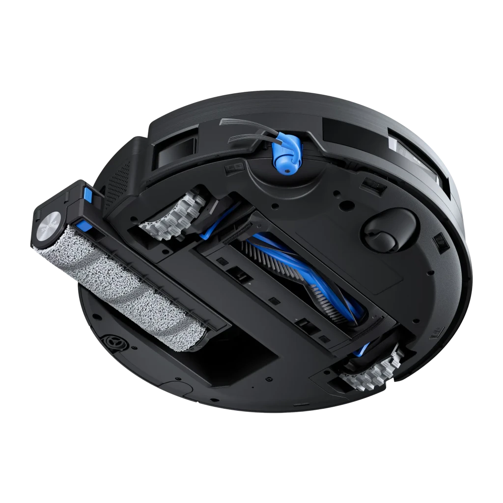Ecovacs Deebot X11 Omnicyclone preto, vista frontal na base: robô na estação com depósito interior e acento azul visíveis - Item3