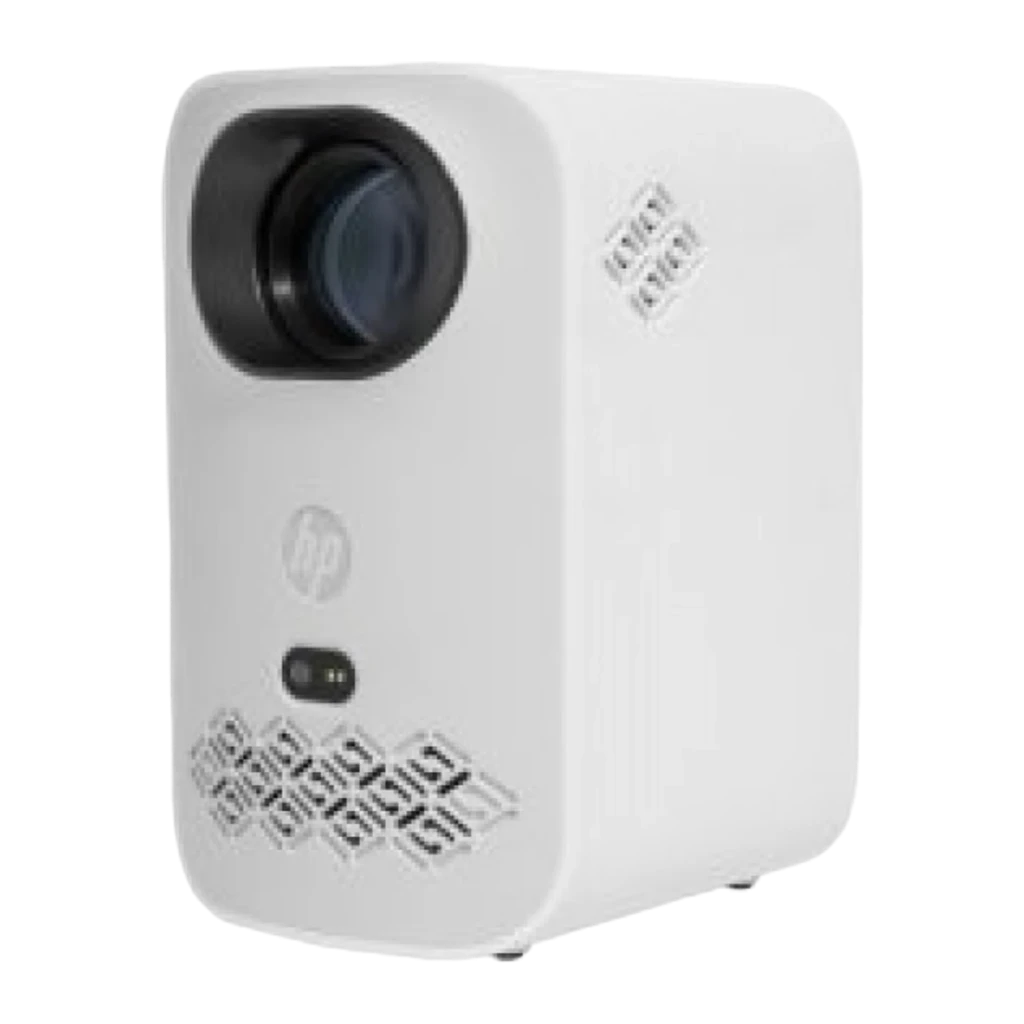 HP Projecteur CC360 1080p 16GB blanc, vue avant: objectif noir, logo HP, capteur IR et grille haut-parleur - Ítem1