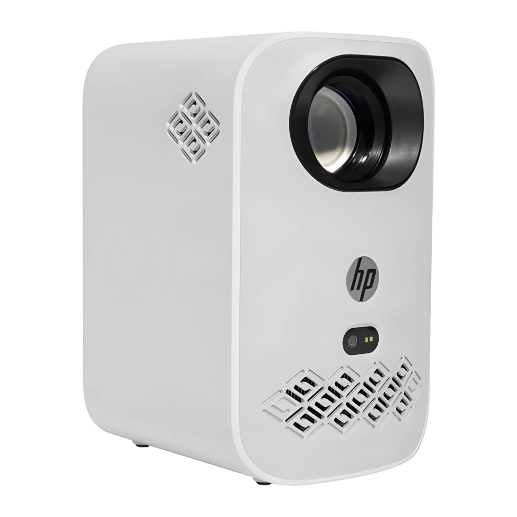 HP Projecteur CC360 1080p 16GB blanc, vue avant: objectif noir, logo HP, capteur IR et grille haut-parleur - Ítem4