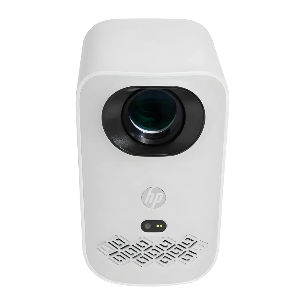 HP Projecteur CC360 1080p 16GB blanc, vue avant: objectif noir, logo HP, capteur IR et grille haut-parleur - Ítem5