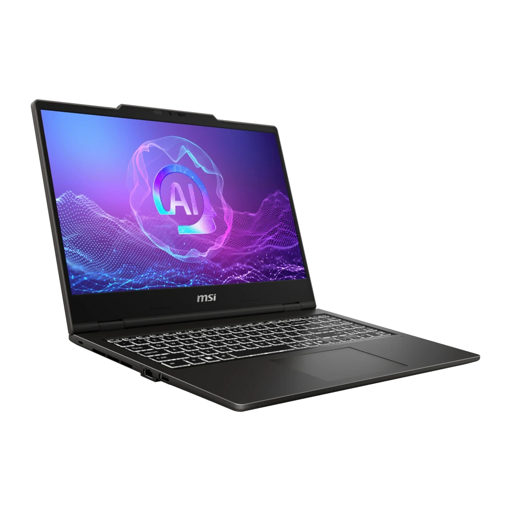 MSI VenturePro 15 1TB Gris, vista frontal: pantalla con gráfico AI, teclado iluminado y logo MSI visible - Ítem2