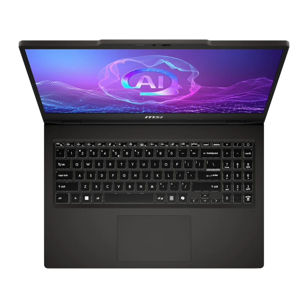MSI VenturePro 15 1TB Gris, vista frontal: pantalla con gráfico AI, teclado iluminado y logo MSI visible - Ítem8