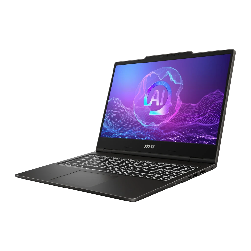 MSI VenturePro 15 1TB Gris, vista frontal: pantalla con gráfico AI, teclado iluminado y logo MSI visible - Ítem1
