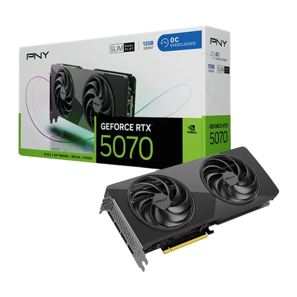 PNY GeForce RTX 5070 Slim OC 12GB GDDR7 cinza, kit: placa gráfica em ângulo ao lado da caixa retail GeForce RTX 5070